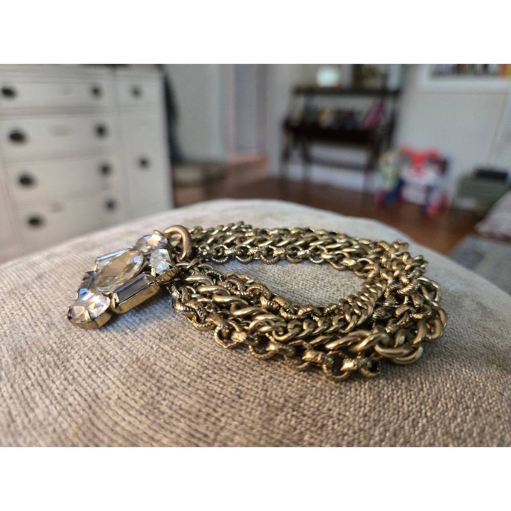 Multi-strand Goldtone Bracelet Rhinestone Charm Toggle Clasp Vintage